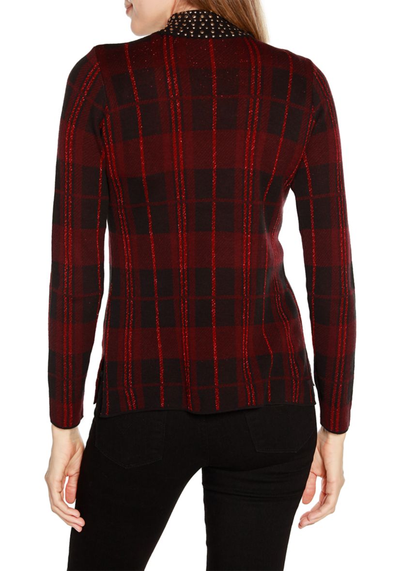 Lurex Plaid Embellished-Neck Sweater