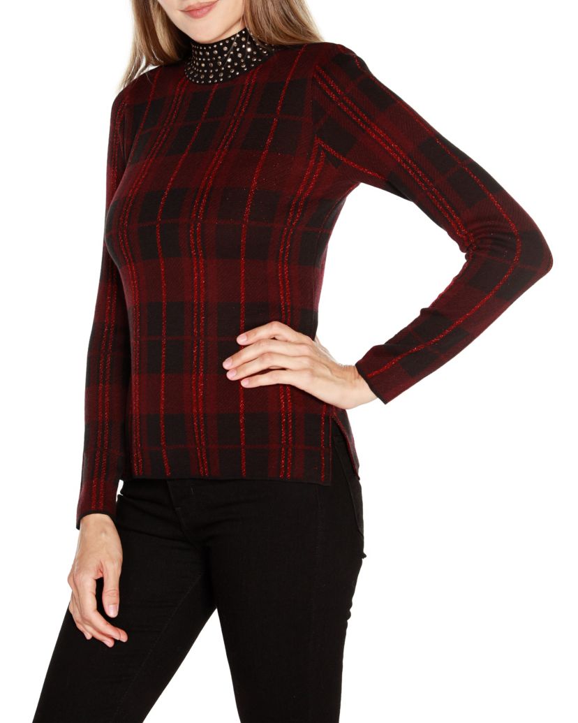 Lurex Plaid Embellished-Neck Sweater