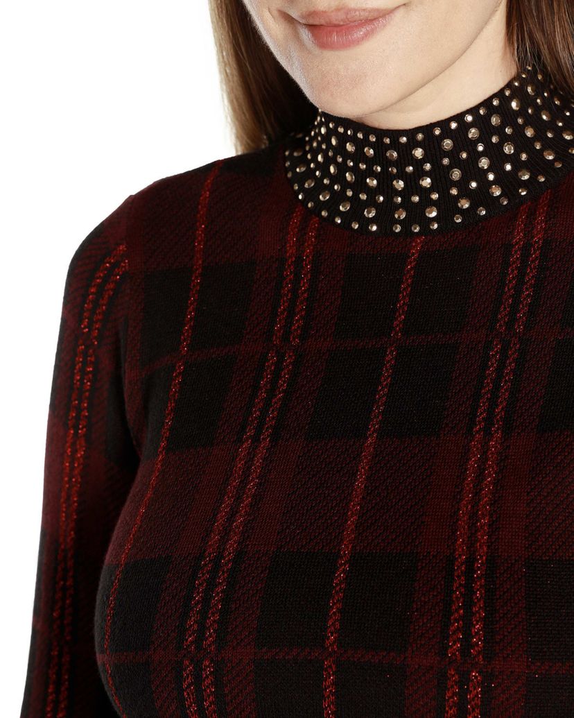 Lurex Plaid Embellished-Neck Sweater