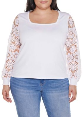 Belldini Women's Plus Size Crochet Lace Blouson Sleeve Sweater, White, 1X