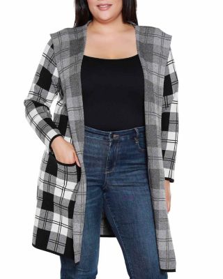 Belldini Women's Plus Size Hooded Checkered Plaid Coatigan Sweater, 3X