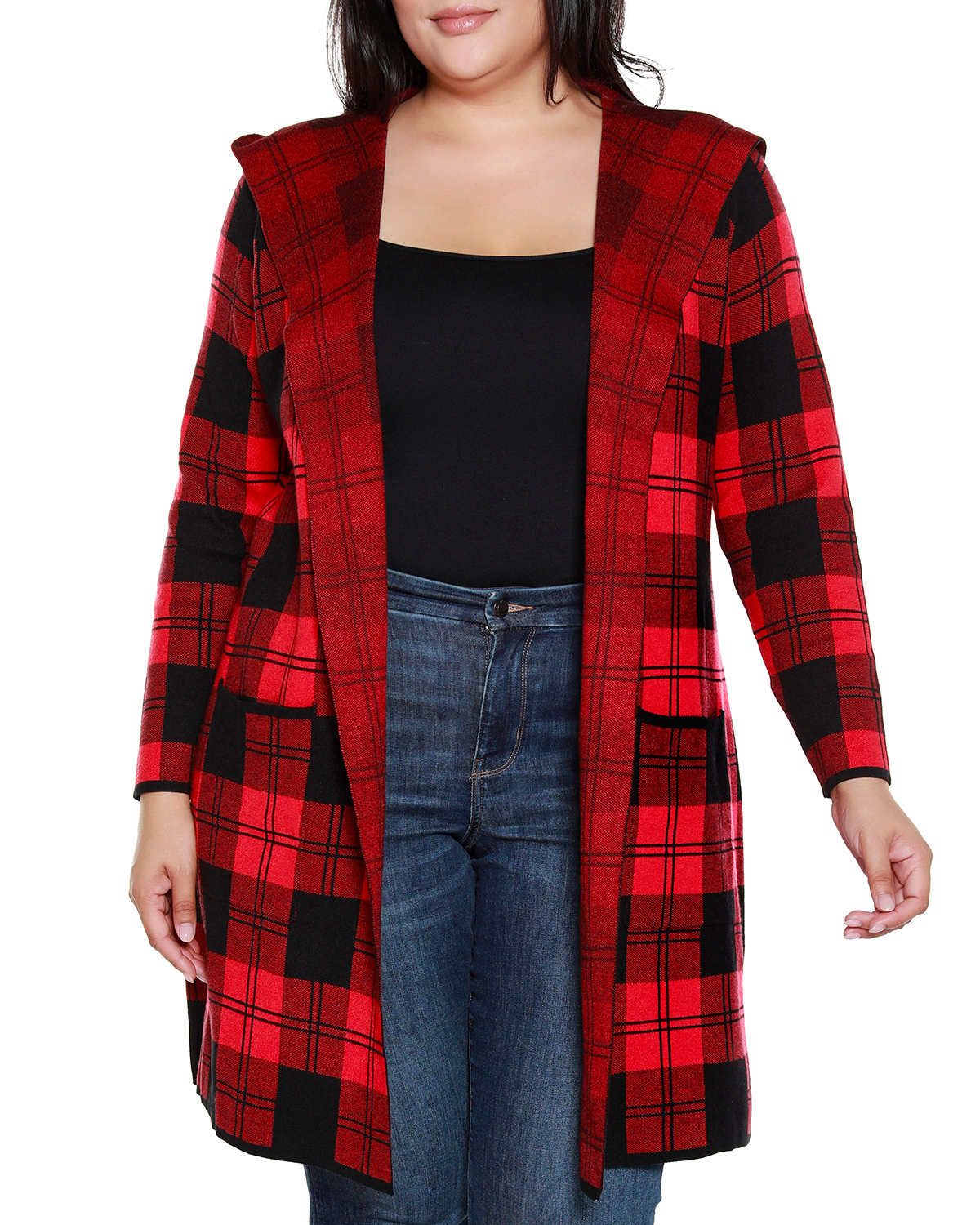 Plus Size Hooded Checkered Plaid Coatigan Sweater