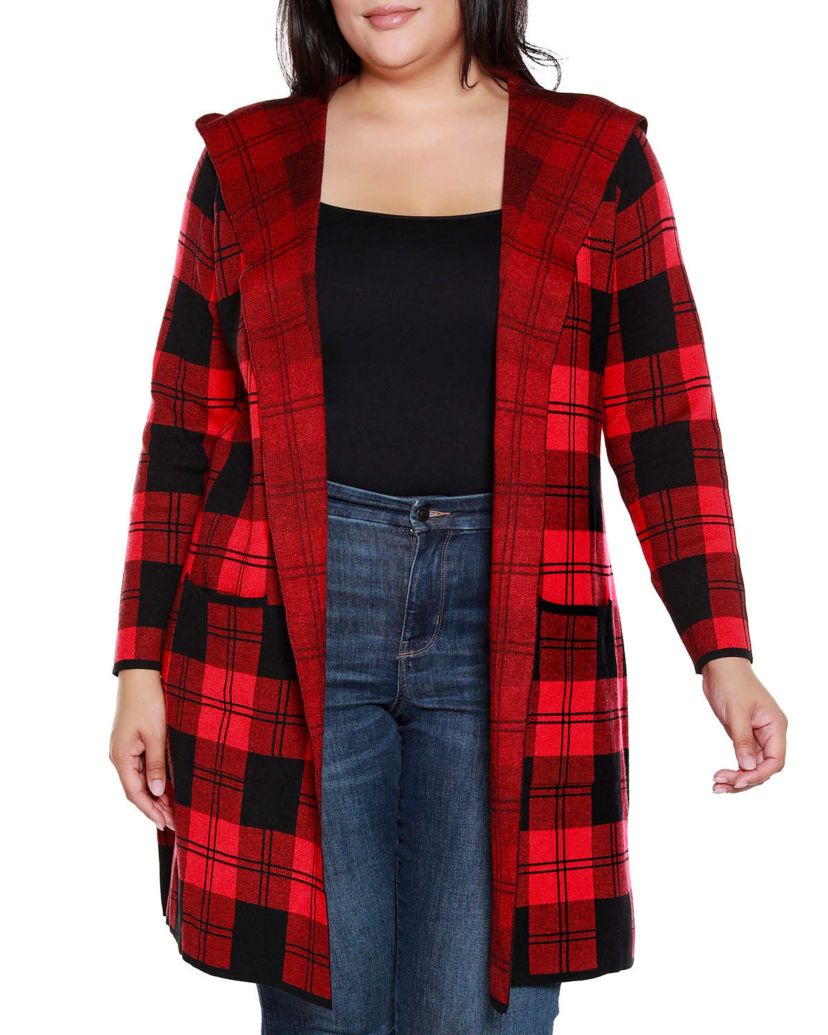Plus Size Hooded Checkered Plaid Coatigan Sweater