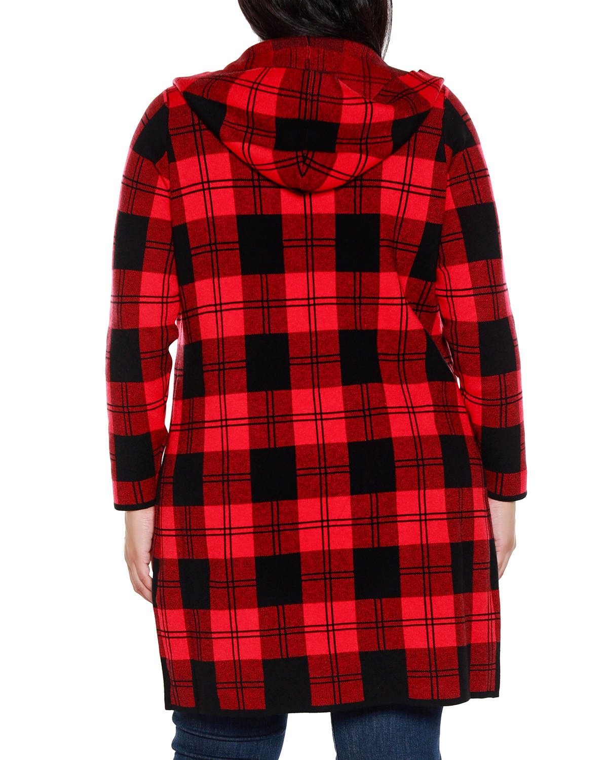 Plus Size Hooded Checkered Plaid Coatigan Sweater