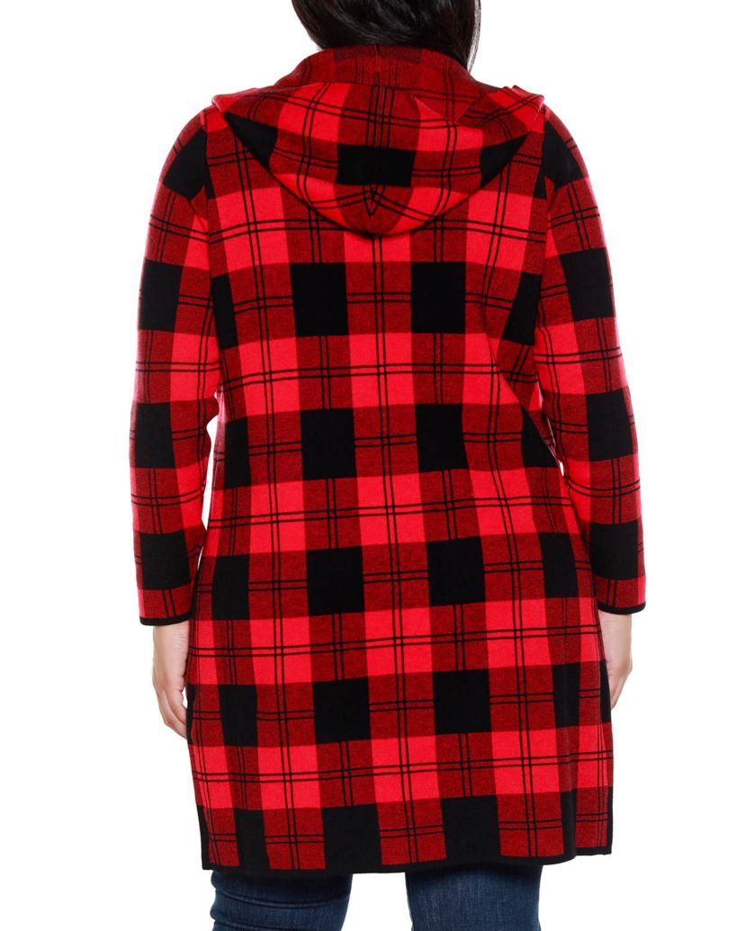 Plus Size Hooded Checkered Plaid Coatigan Sweater