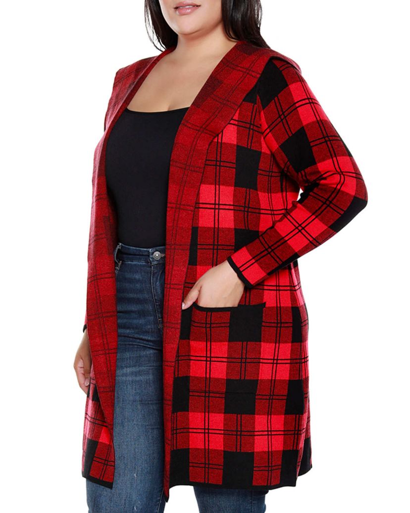 Plus Size Hooded Checkered Plaid Coatigan Sweater