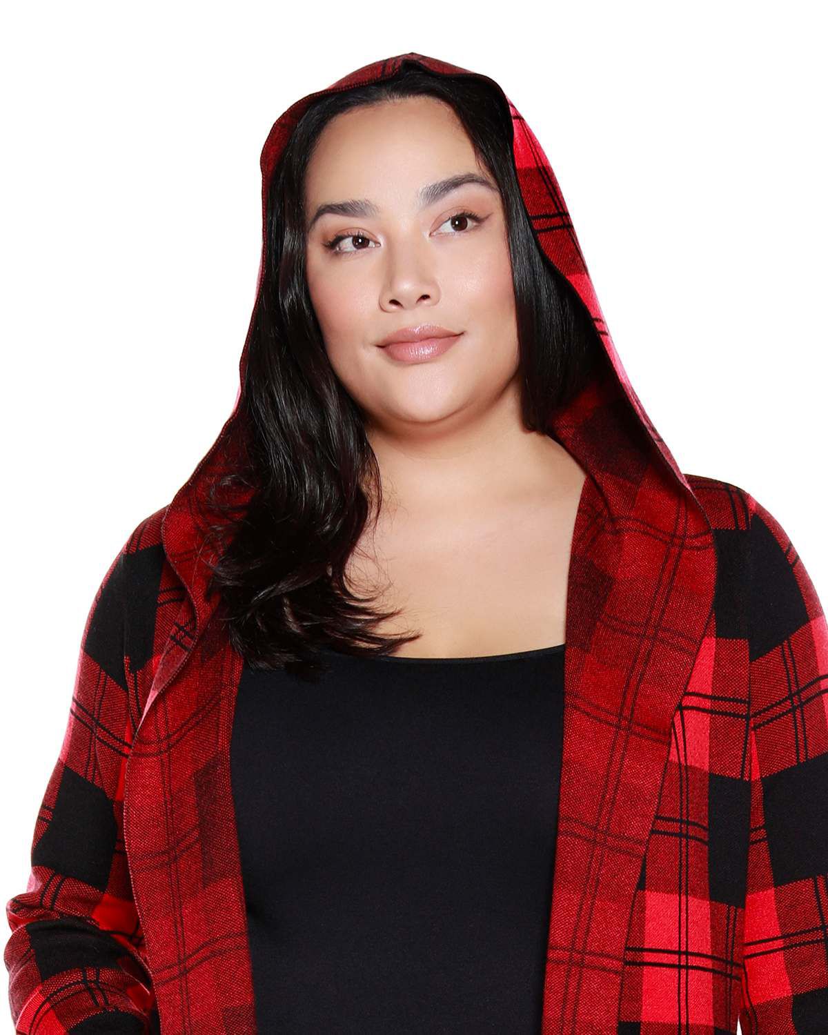 Plus Size Hooded Checkered Plaid Coatigan Sweater