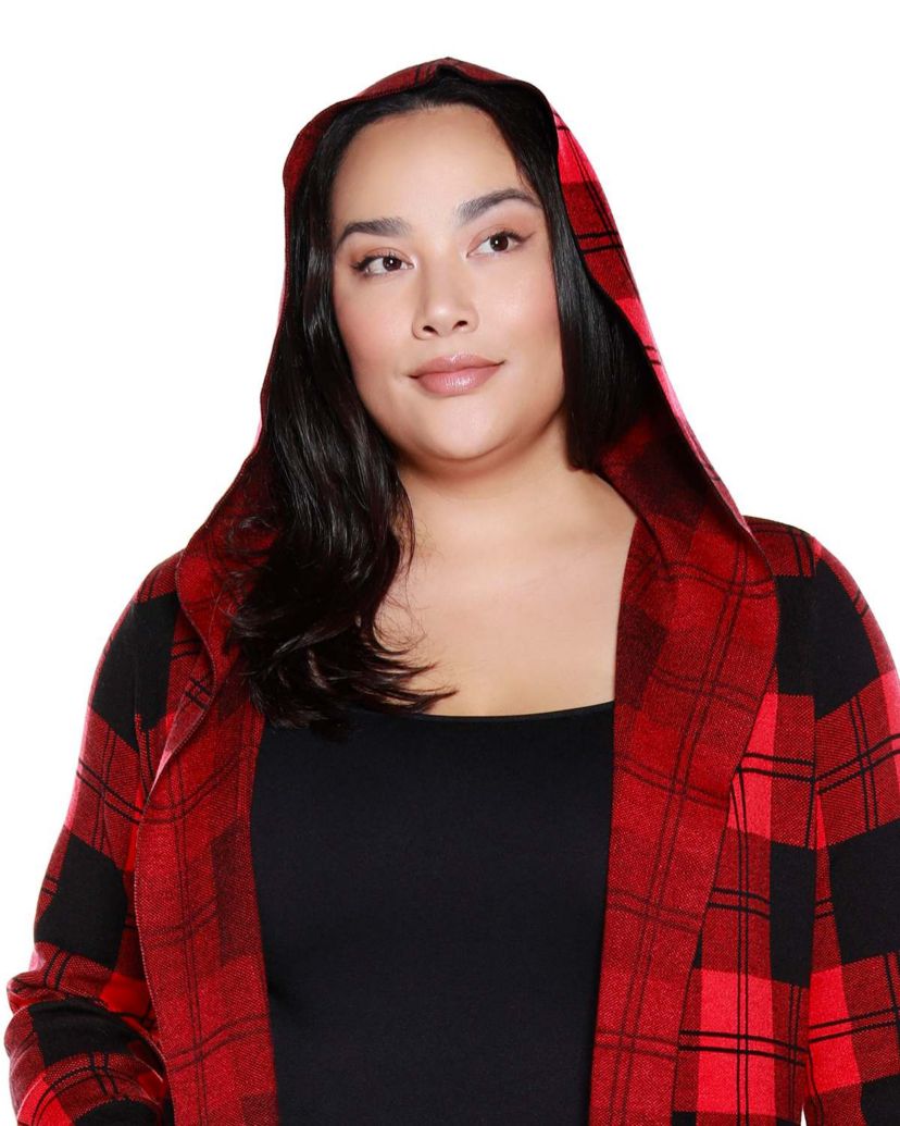 Plus Size Hooded Checkered Plaid Coatigan Sweater