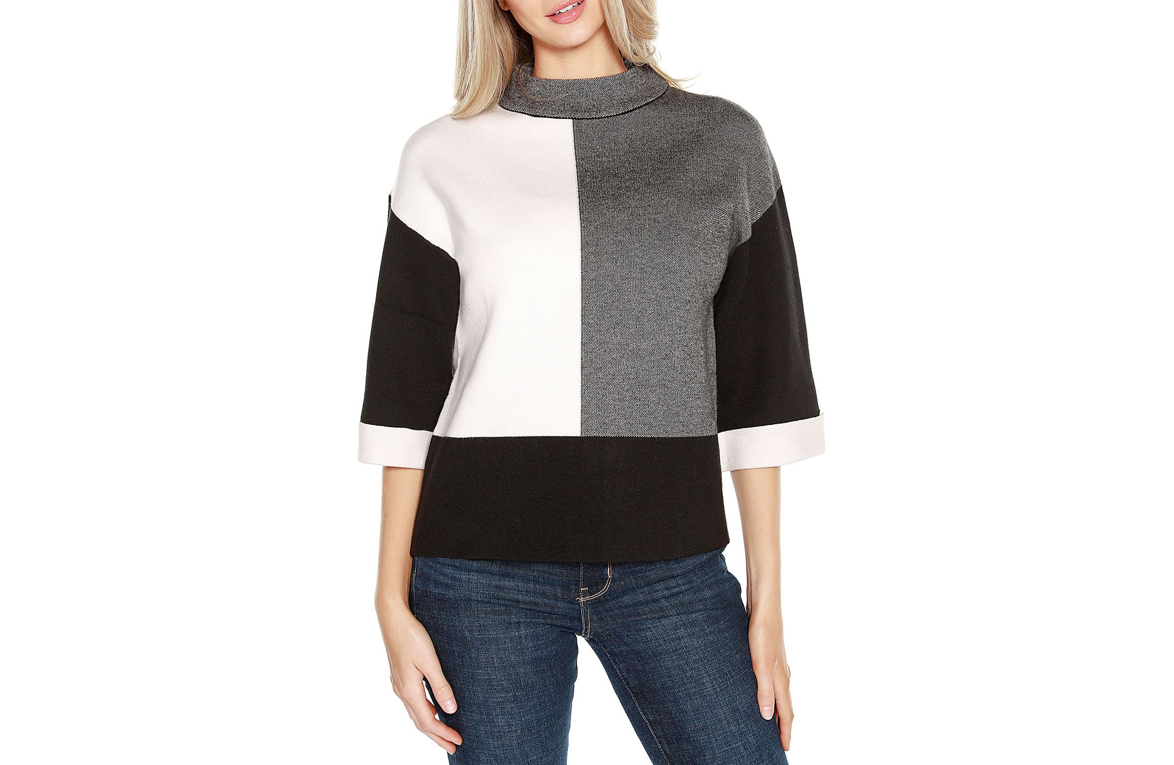 3/4 Cuffed-Sleeve Colorblock Sweater