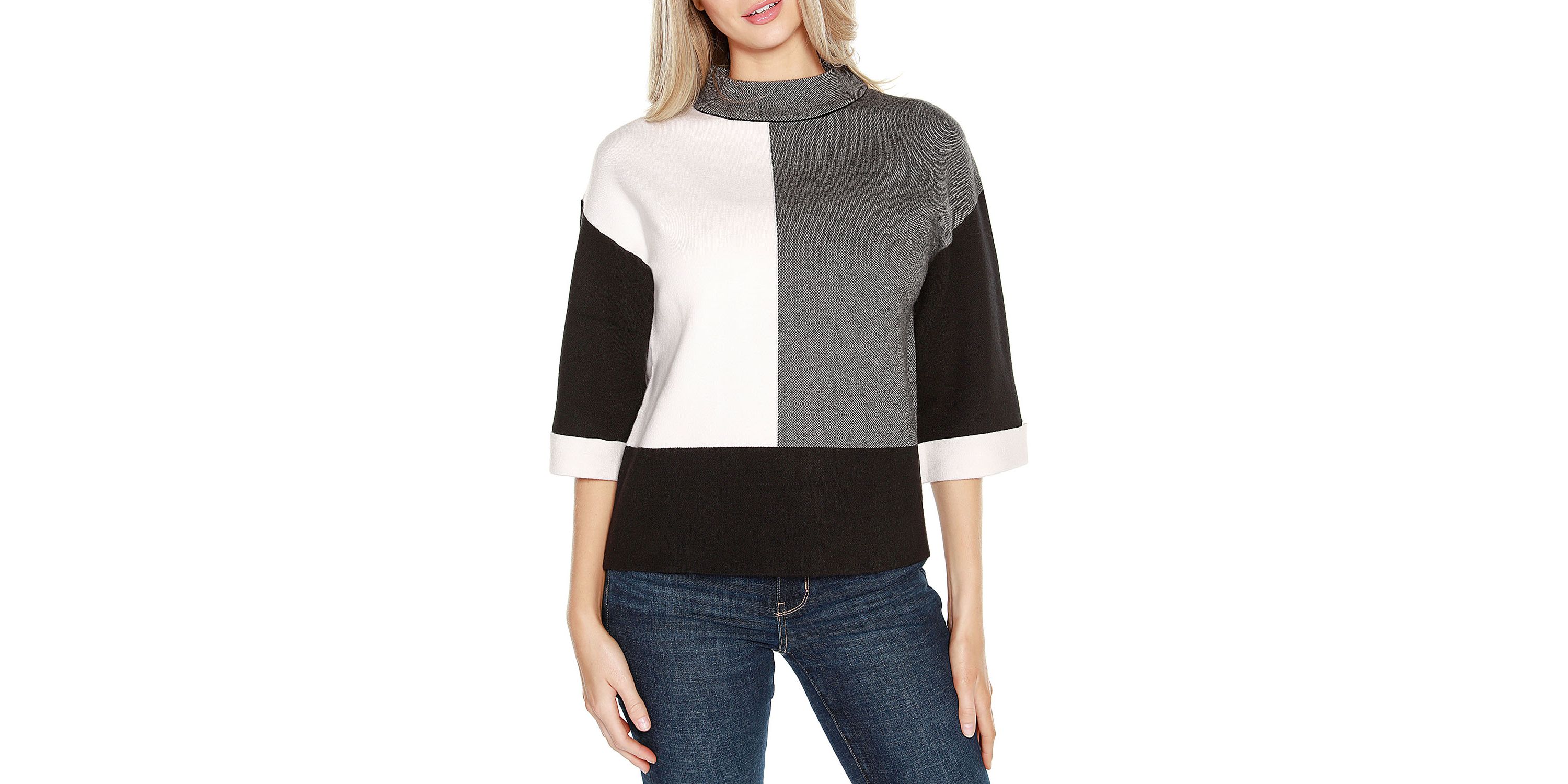3/4 Cuffed-Sleeve Colorblock Sweater