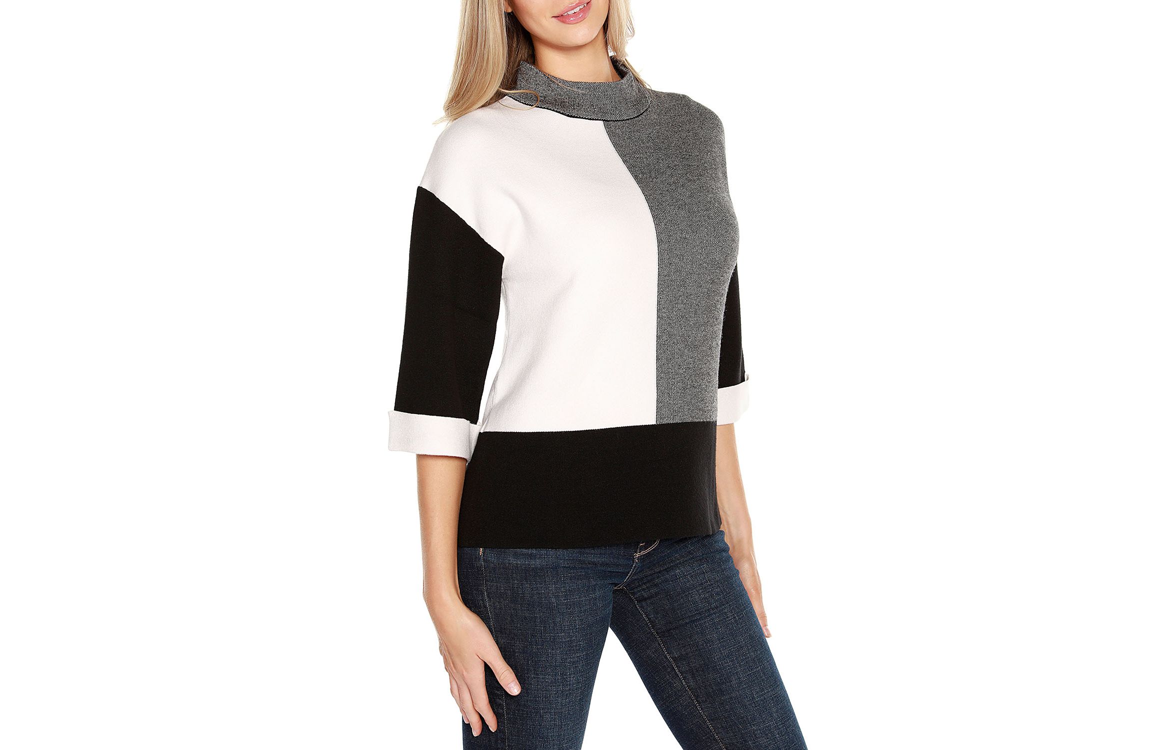 3/4 Cuffed-Sleeve Colorblock Sweater