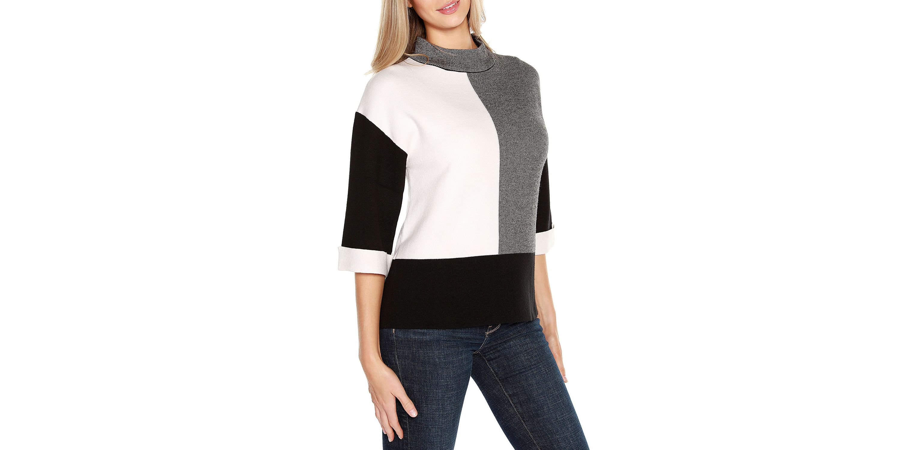 3/4 Cuffed-Sleeve Colorblock Sweater