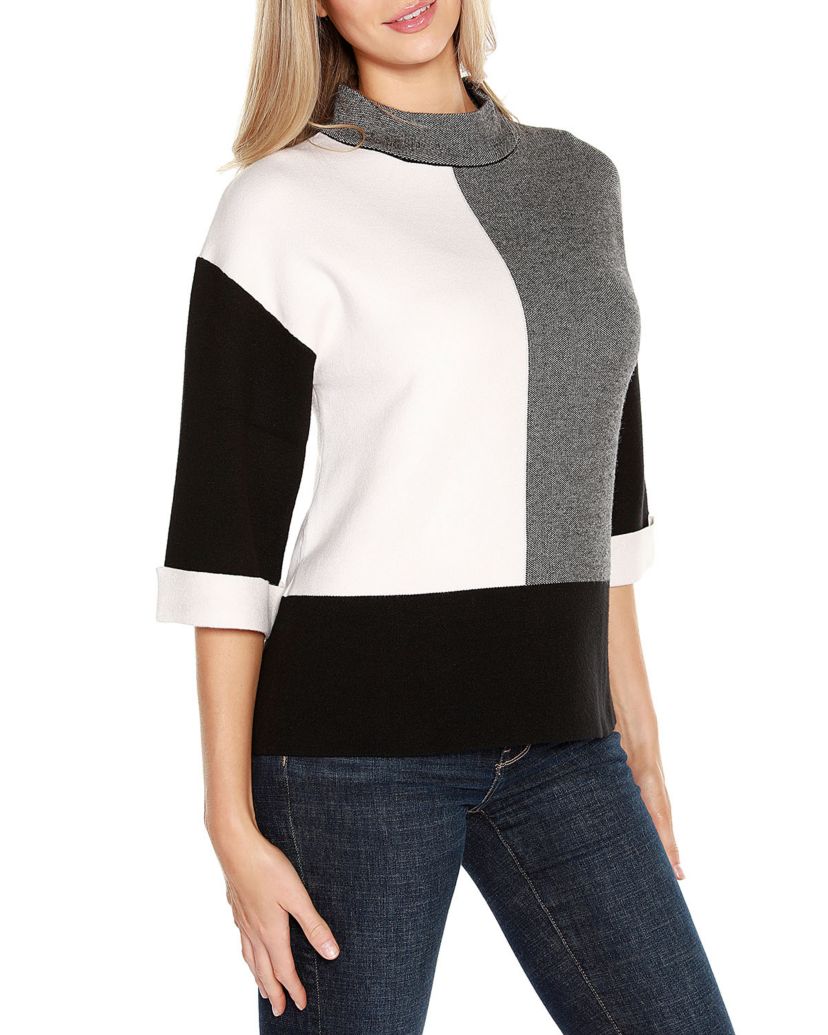 3/4 Cuffed-Sleeve Colorblock Sweater