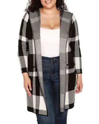 Belldini Women's Plus Size Hooded Plaid Coatigan Sweater