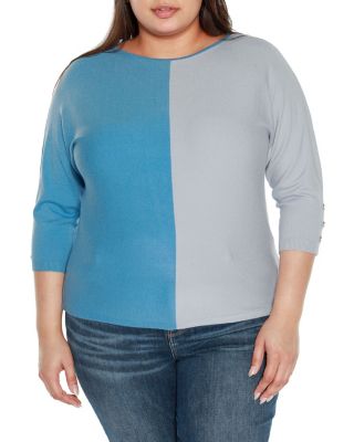 Belldini Women's Plus Size Colorblock 3/4-Sleeve Dolman Sweater, Blue, 3X