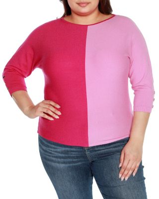 Belldini Women's Plus Size Colorblock 3/4-Sleeve Dolman Sweater, Pink, 3X