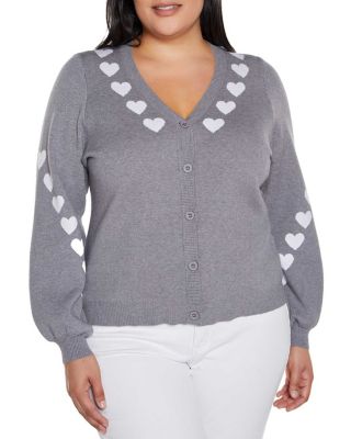 Belldini Women's Plus Size Heart Jacquard Cardigan Sweater