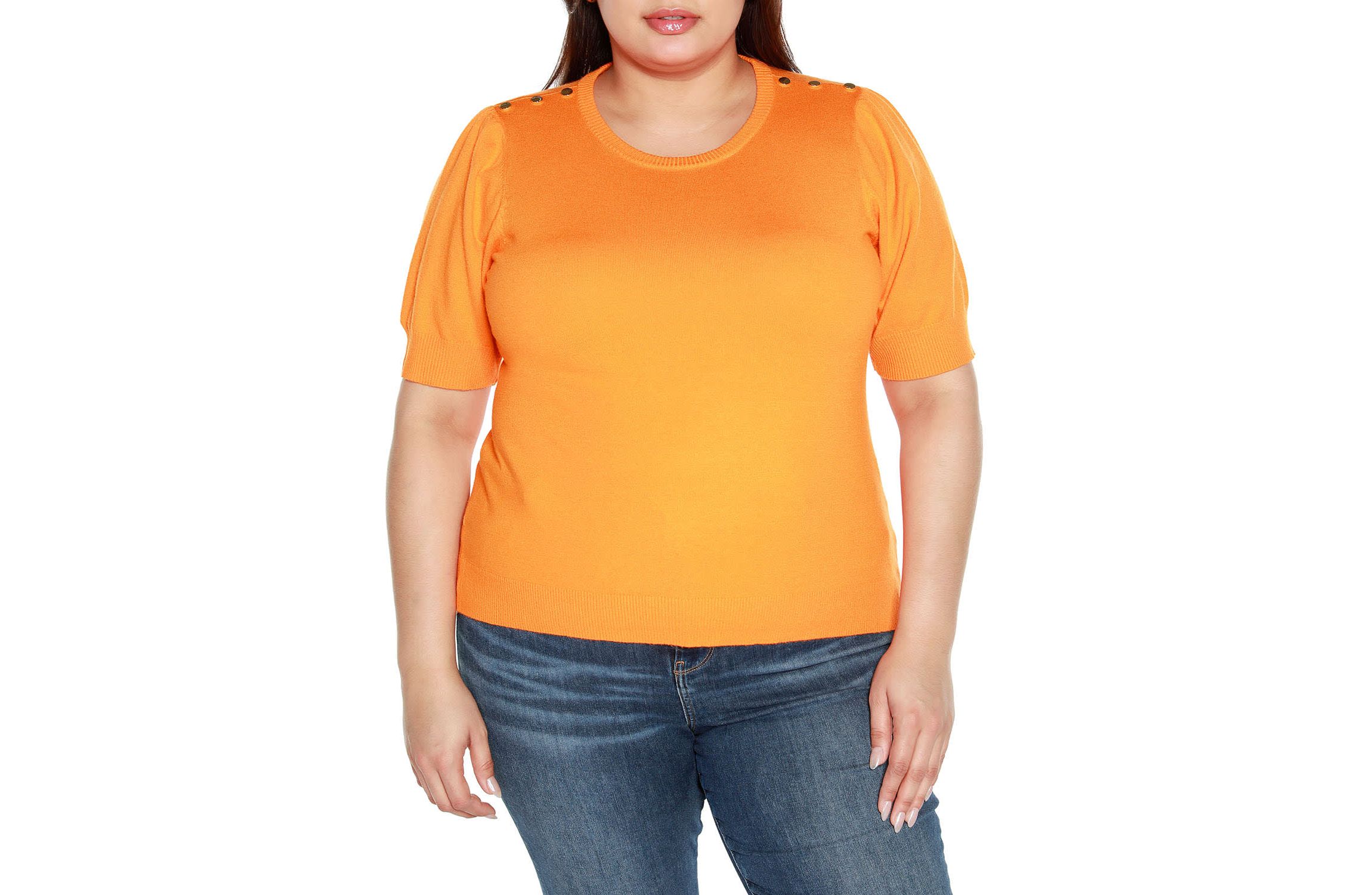 Plus Size Rivet- Detail Puff-Sleeve Sweater