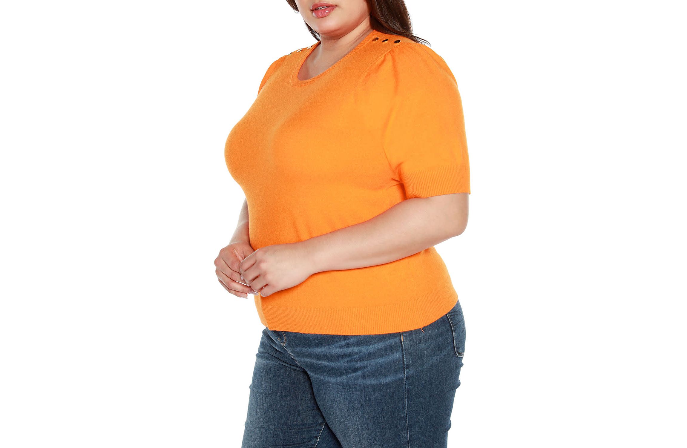 Plus Size Rivet- Detail Puff-Sleeve Sweater