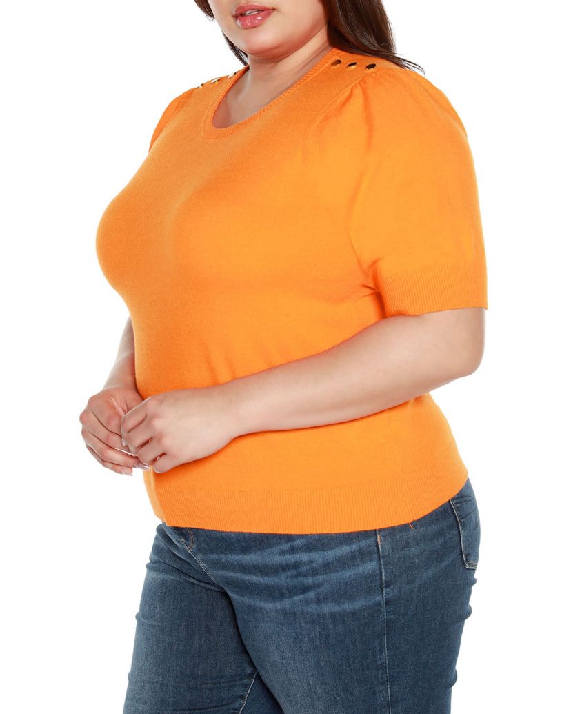 Plus Size Rivet- Detail Puff-Sleeve Sweater