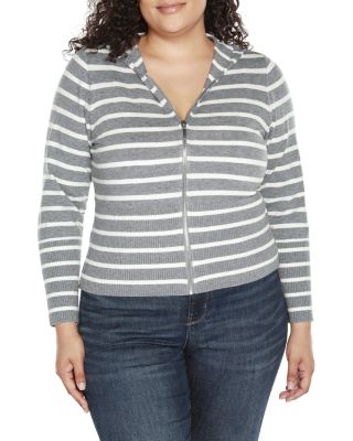 Belldini Women's Plus Size Striped Hooded Cardigan Sweater, Grey, 3X