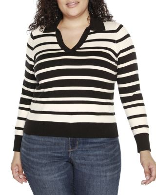 Belldini Women's Plus Size Striped Johnny Collar Sweater, 3X