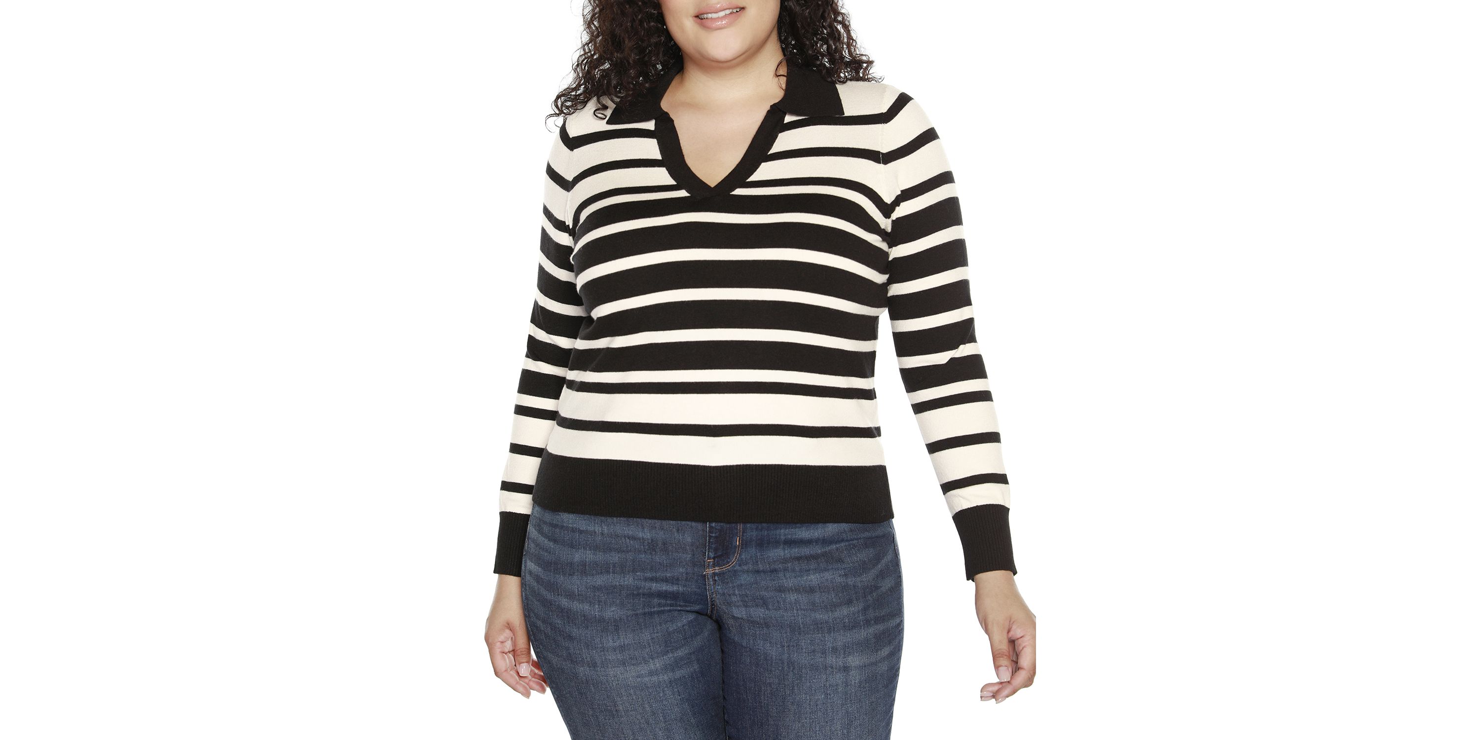 Plus Size Striped Johnny Collar Sweater