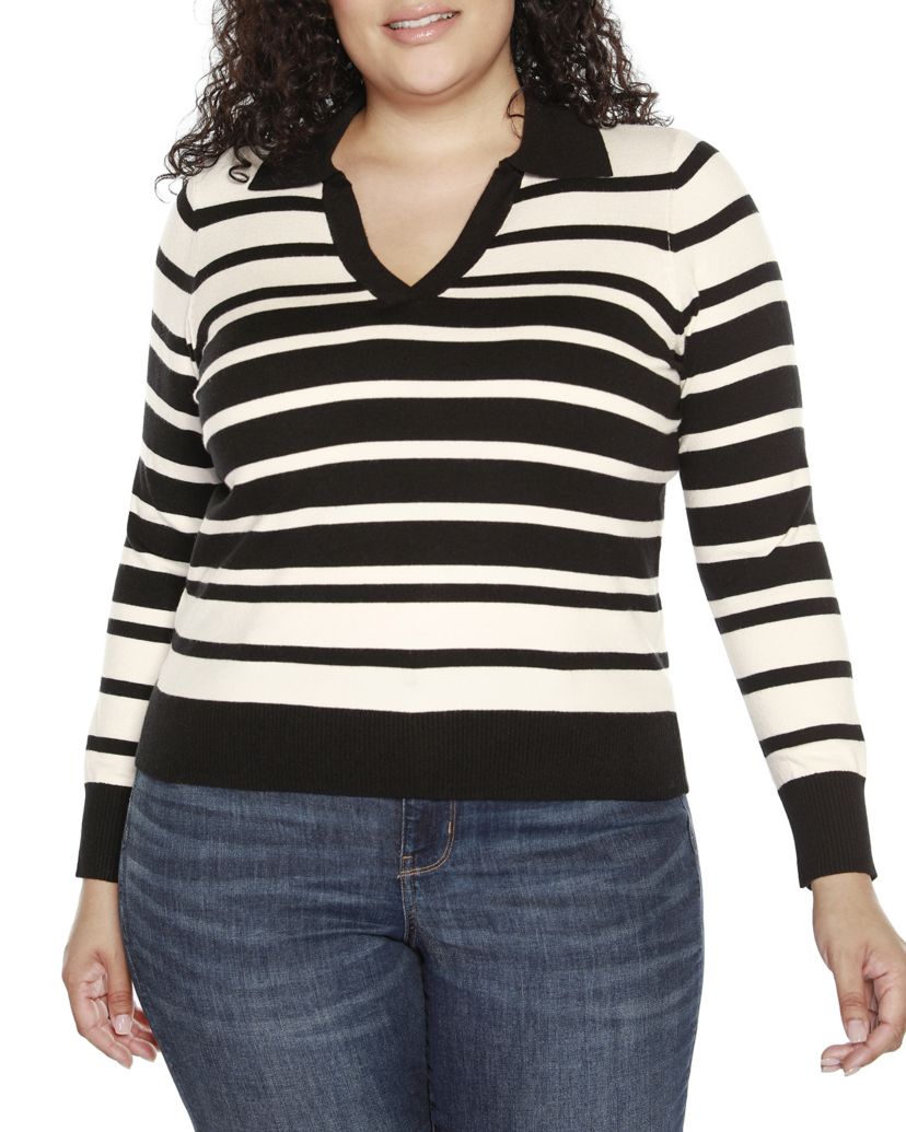 Plus Size Striped Johnny Collar Sweater