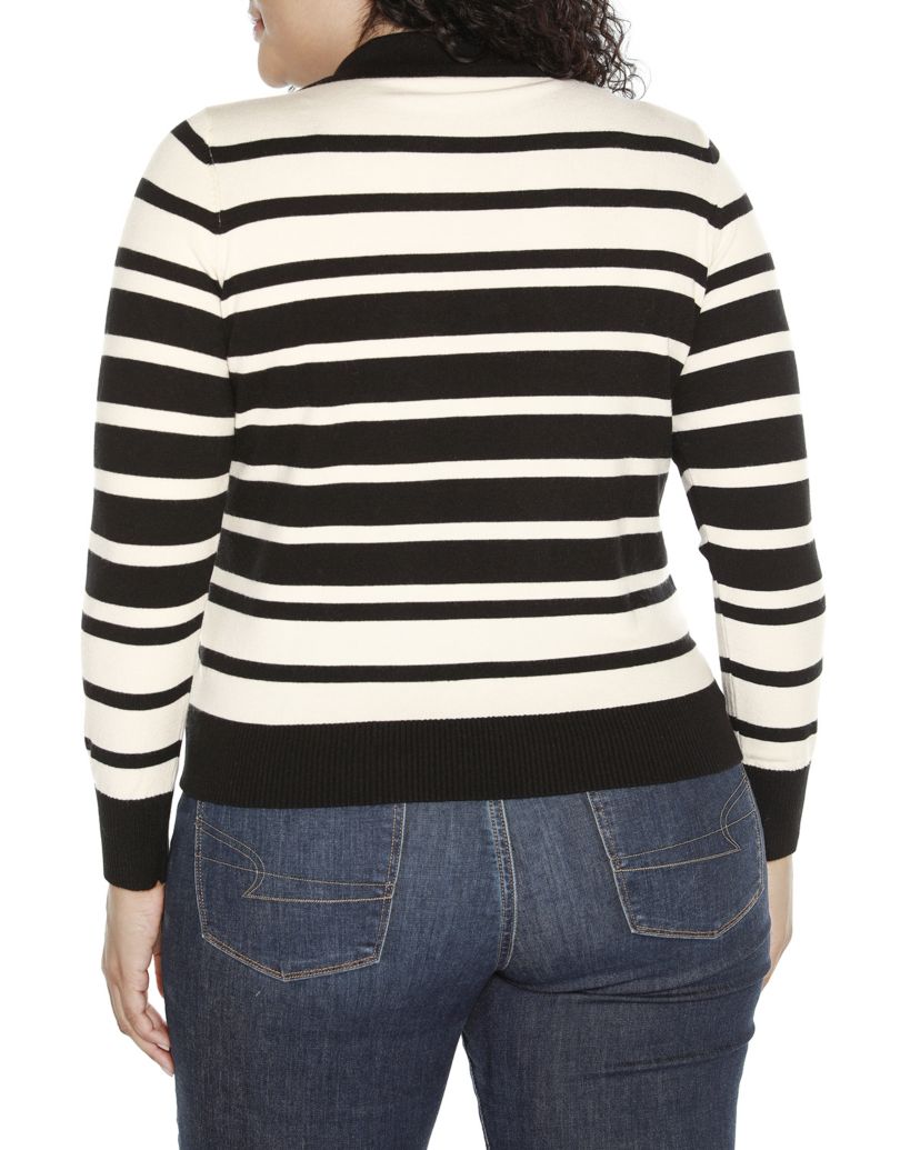 Plus Size Striped Johnny Collar Sweater