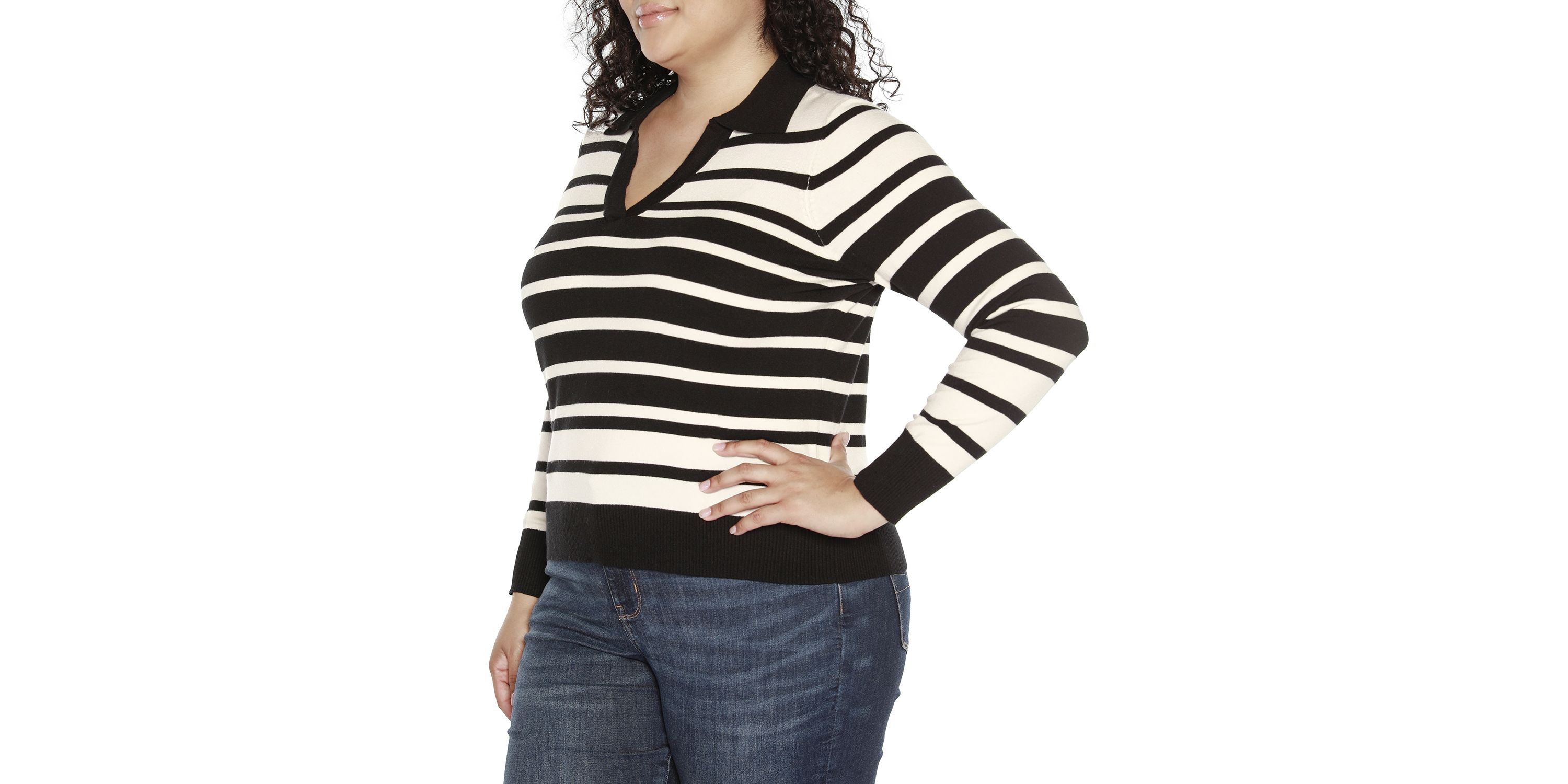Plus Size Striped Johnny Collar Sweater