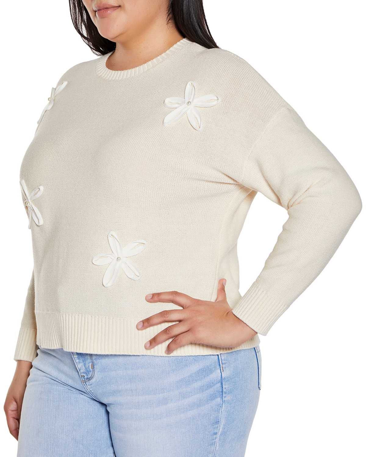 Plus Size 3-D Floral Trim Sweater