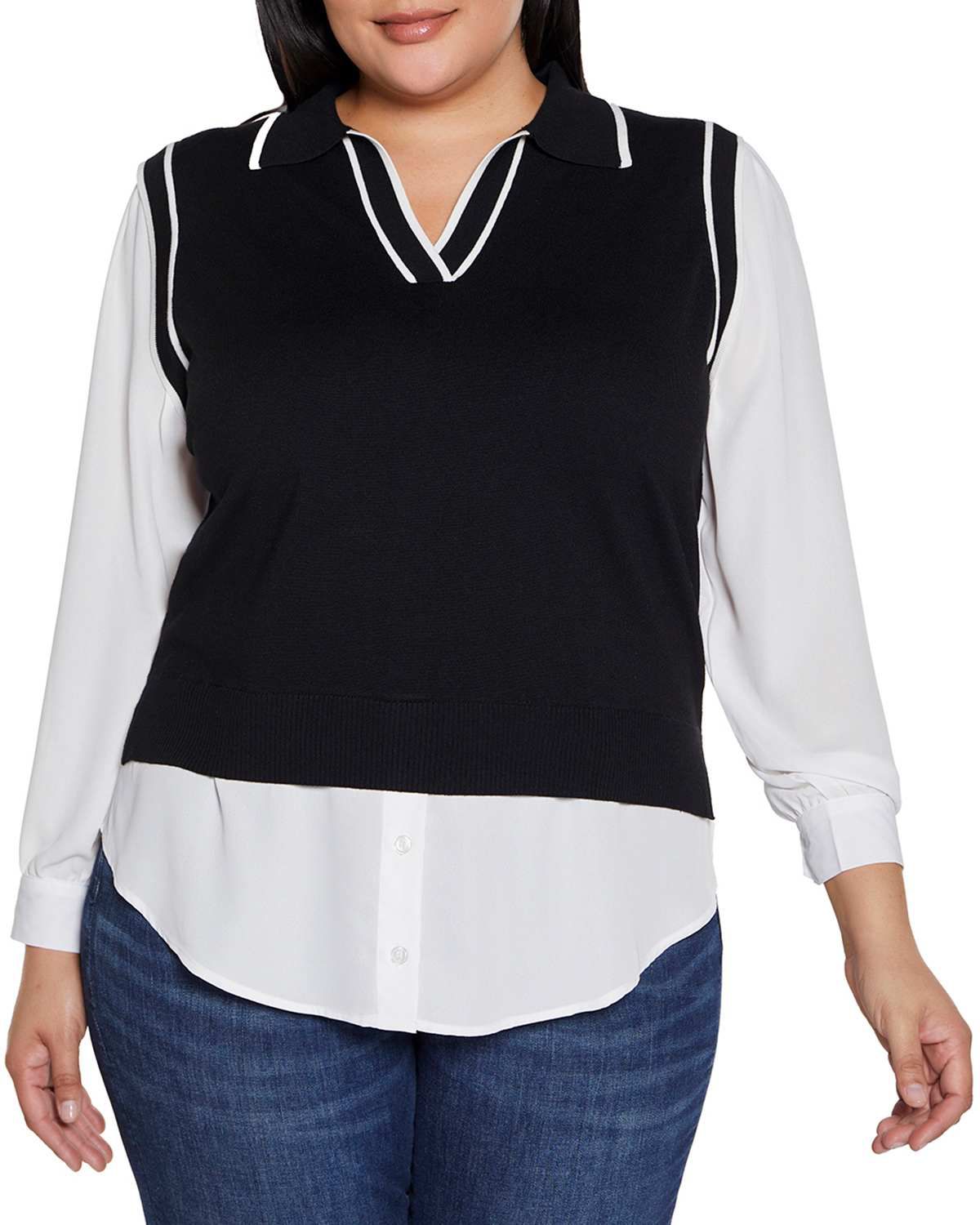 Plus Size Collared Split-Neck Two-fer Sweater