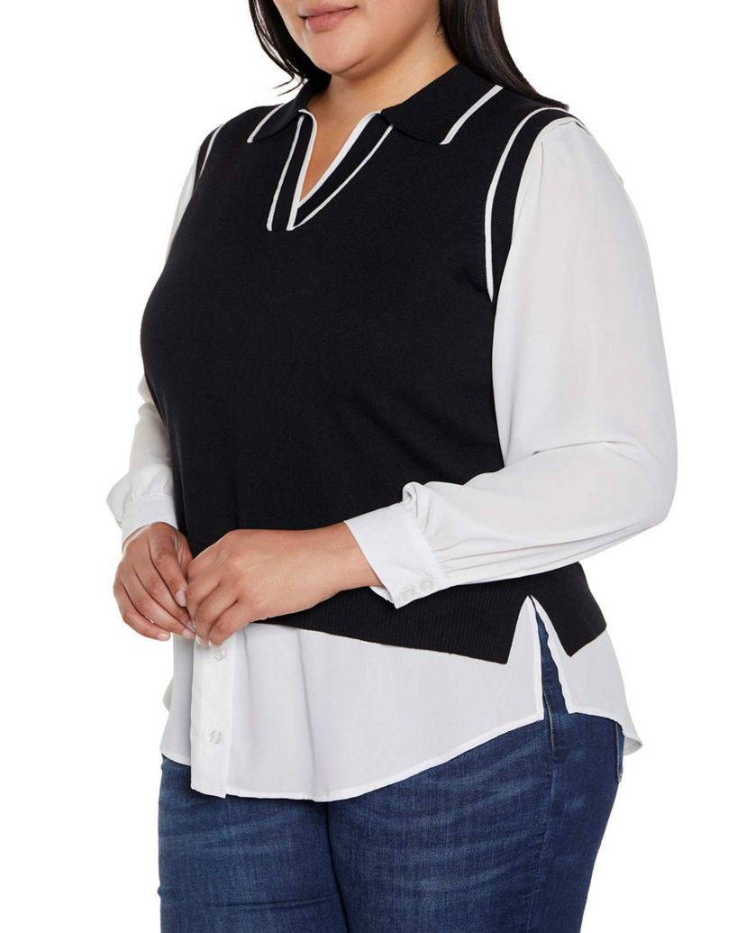 Plus Size Collared Split-Neck Two-fer Sweater