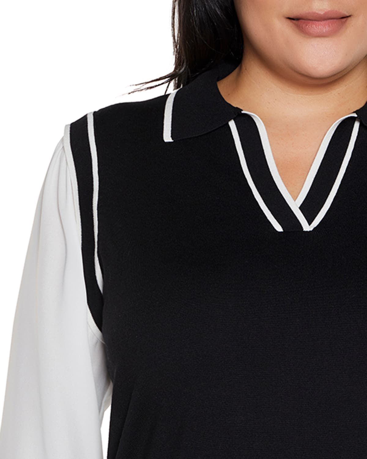 Plus Size Collared Split-Neck Two-fer Sweater