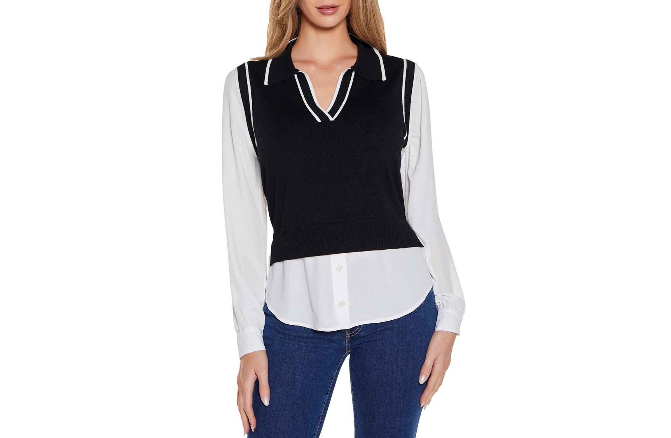Collared Split-Neck Two-fer Sweater