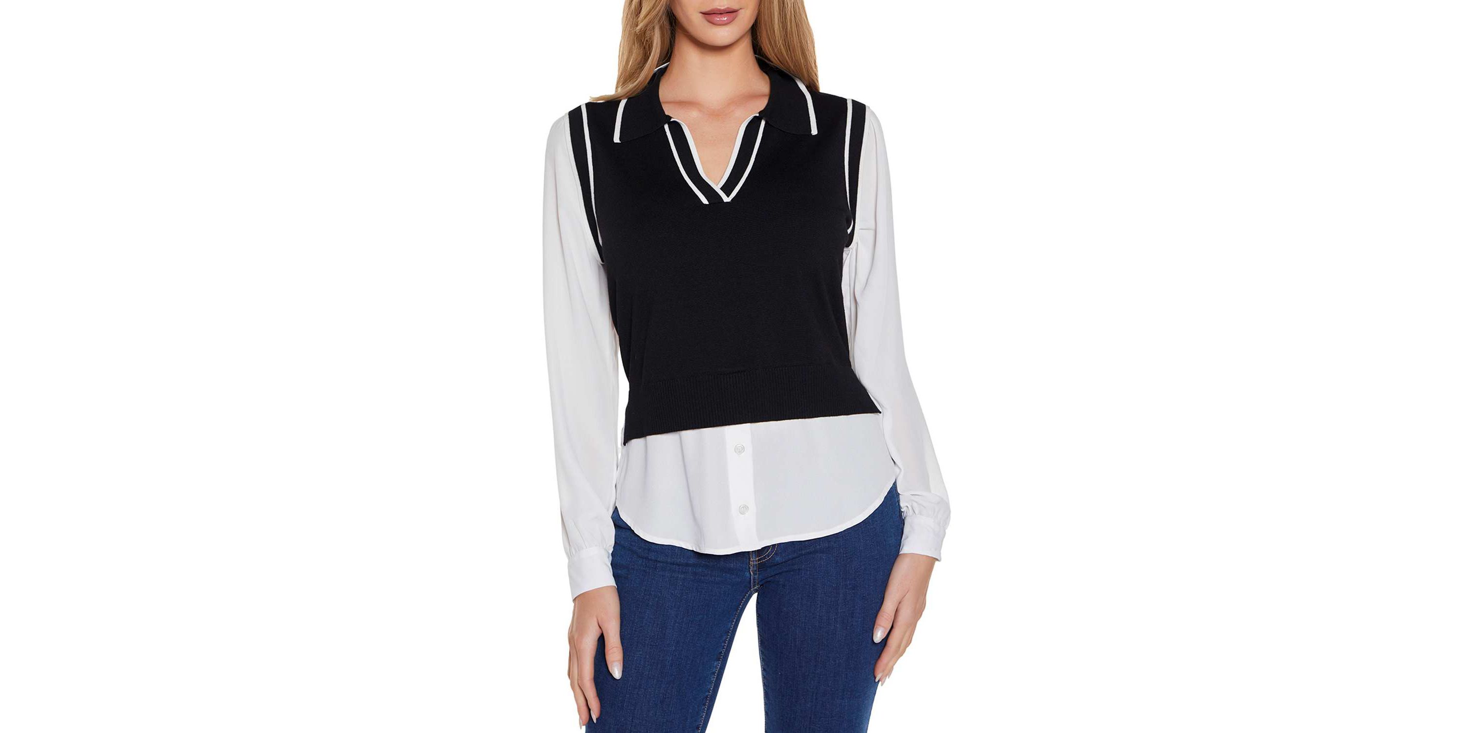 Collared Split-Neck Two-fer Sweater