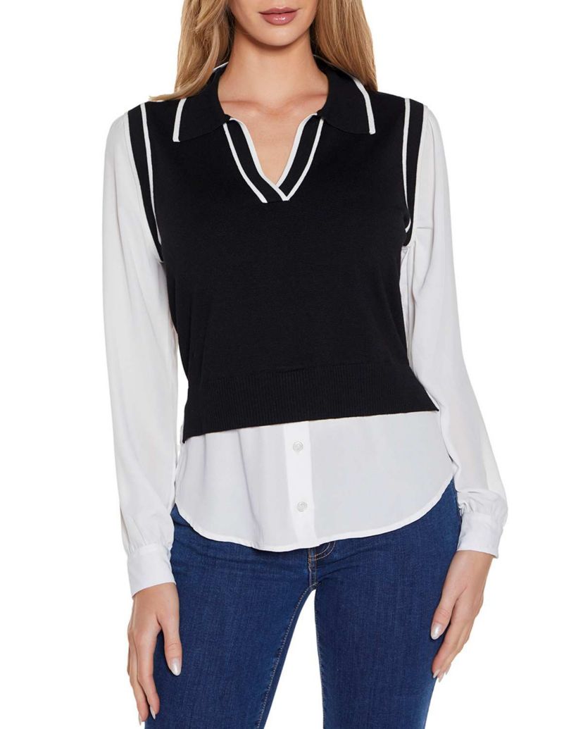 Collared Split-Neck Two-fer Sweater
