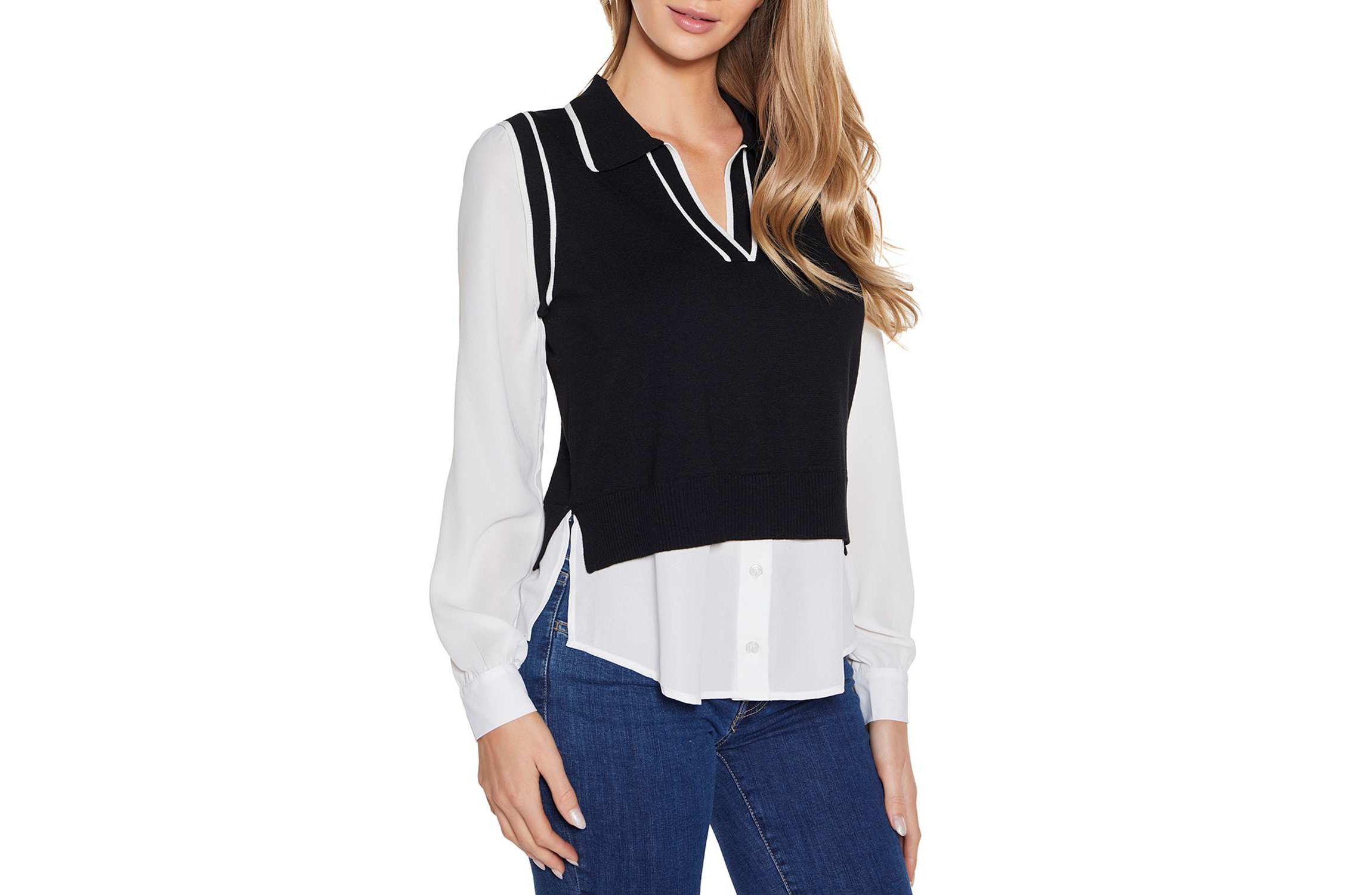 Collared Split-Neck Two-fer Sweater
