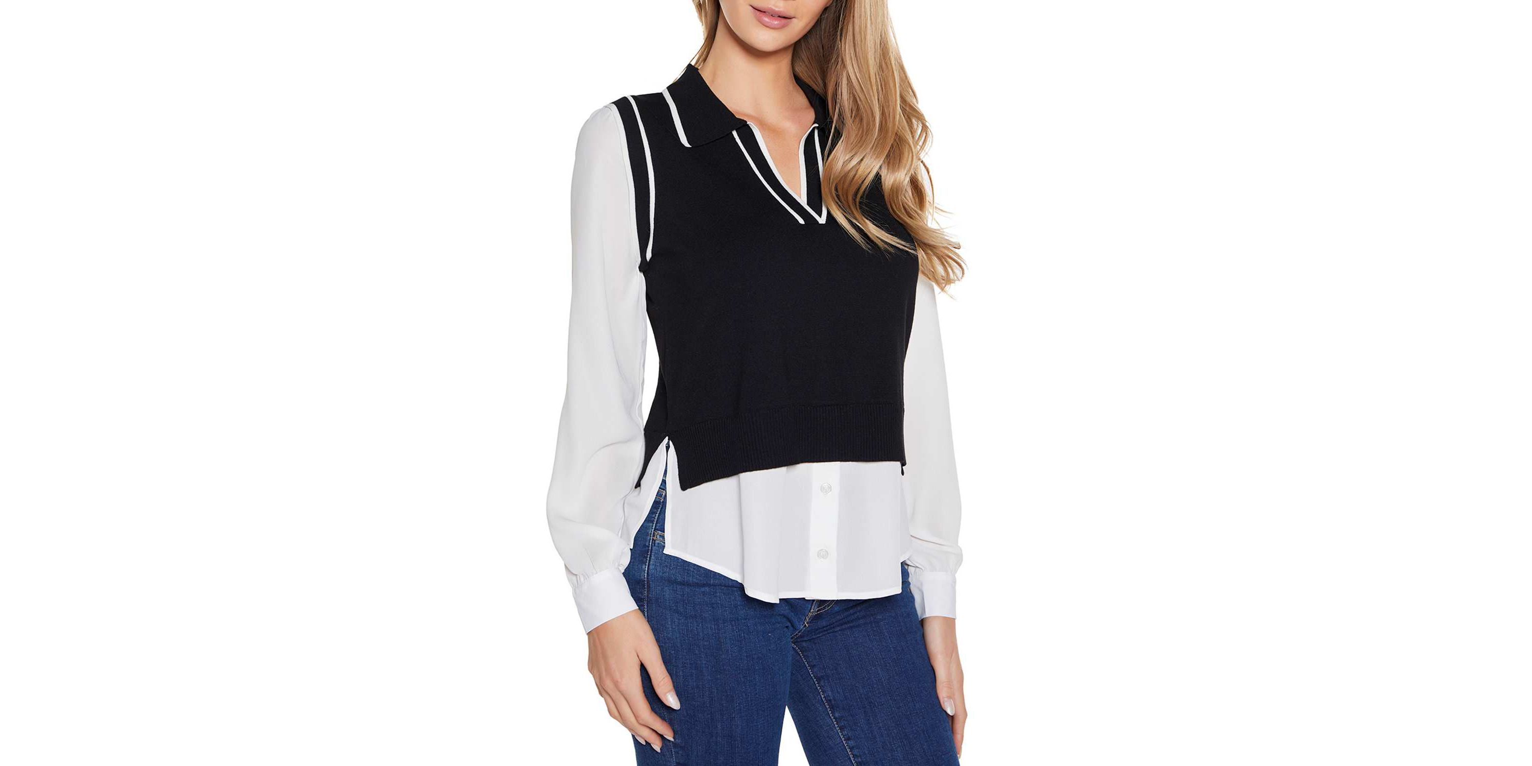 Collared Split-Neck Two-fer Sweater