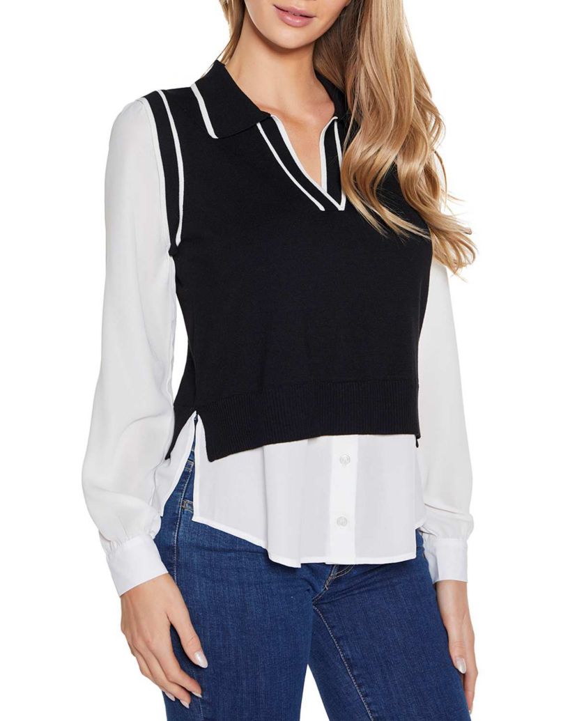 Collared Split-Neck Two-fer Sweater