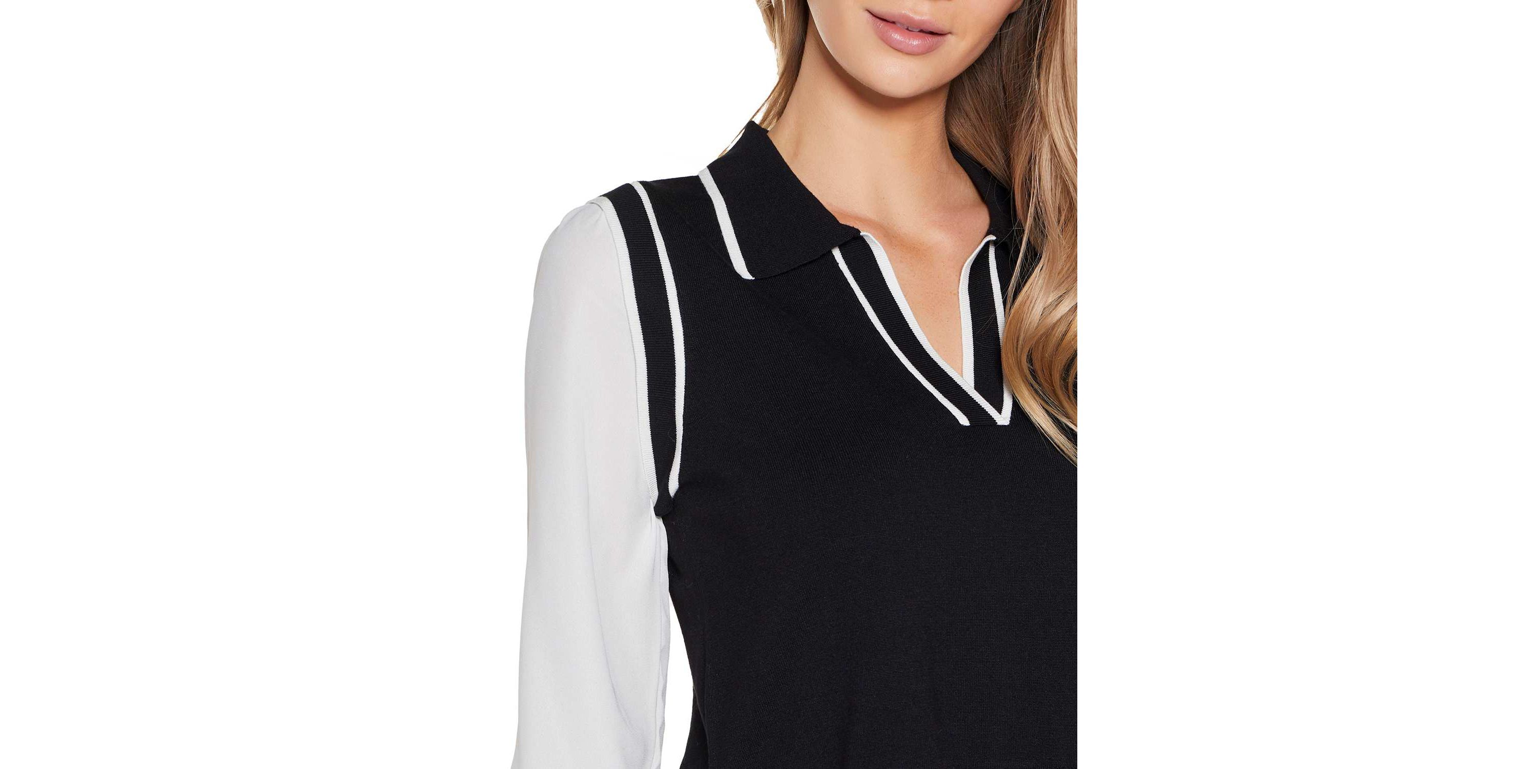 Collared Split-Neck Two-fer Sweater