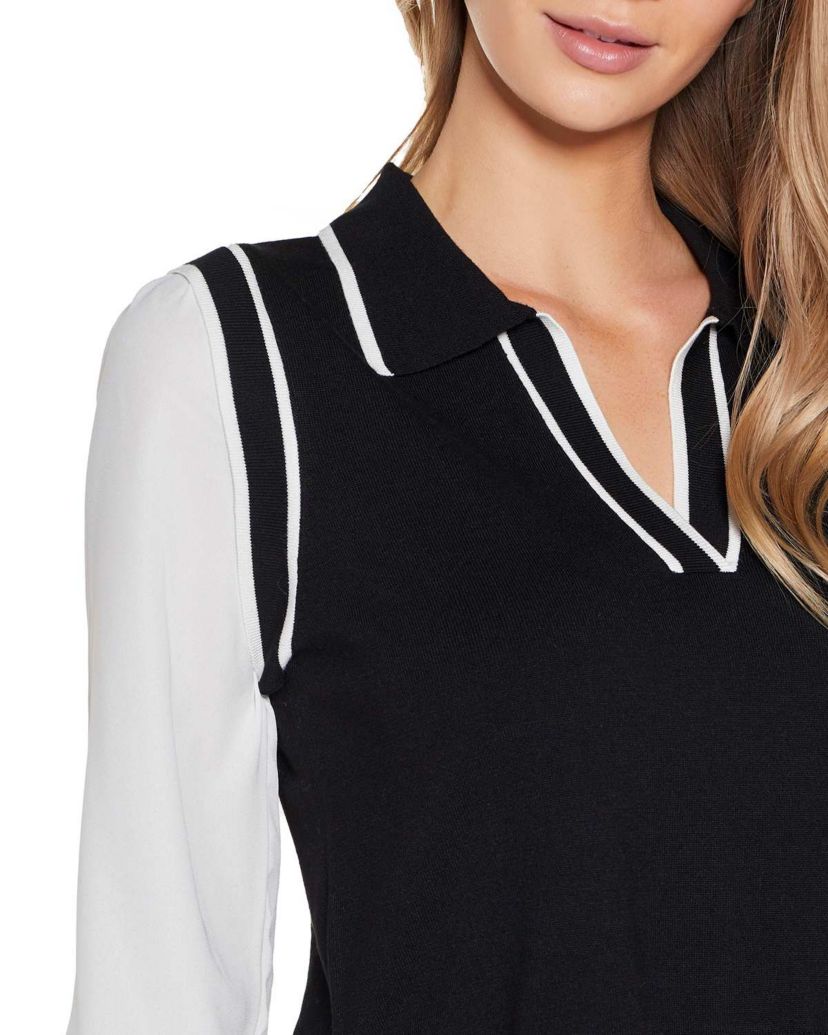 Collared Split-Neck Two-fer Sweater