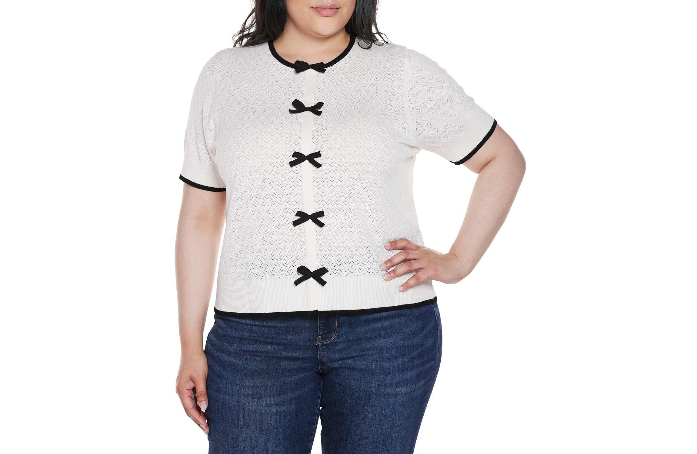 Plus Size Bow Detail Pointelle Short Sleeve Sweater