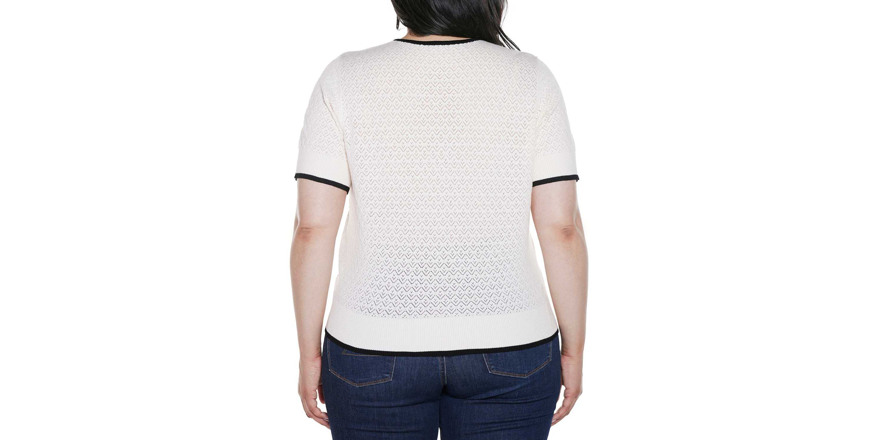 Plus Size Bow Detail Pointelle Short Sleeve Sweater