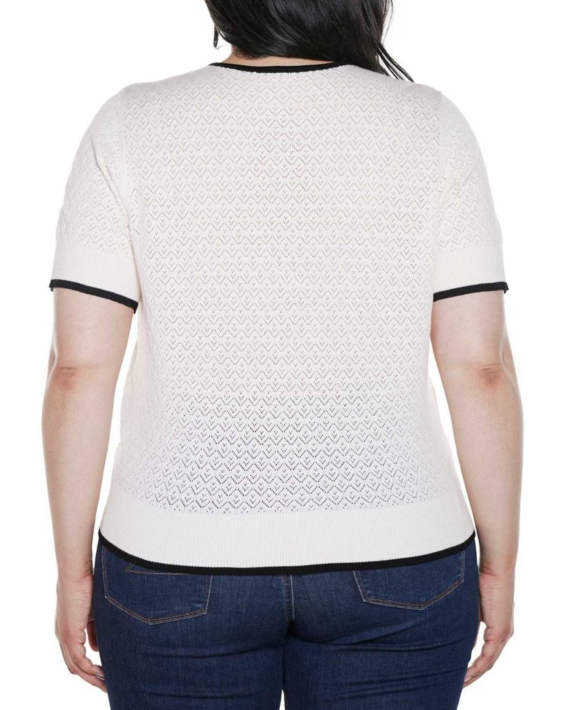 Plus Size Bow Detail Pointelle Short Sleeve Sweater