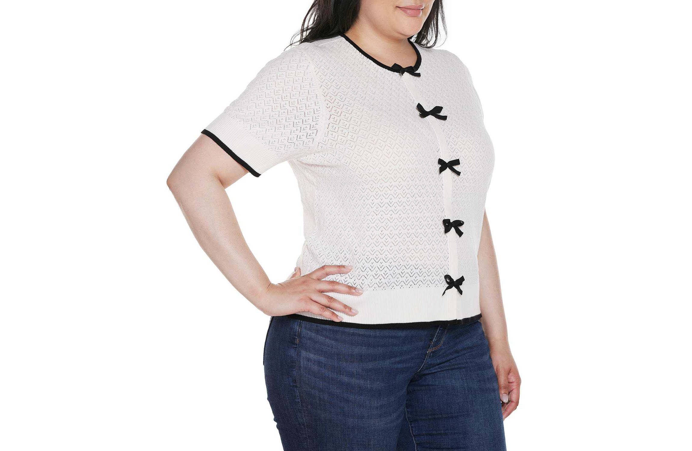 Plus Size Bow Detail Pointelle Short Sleeve Sweater