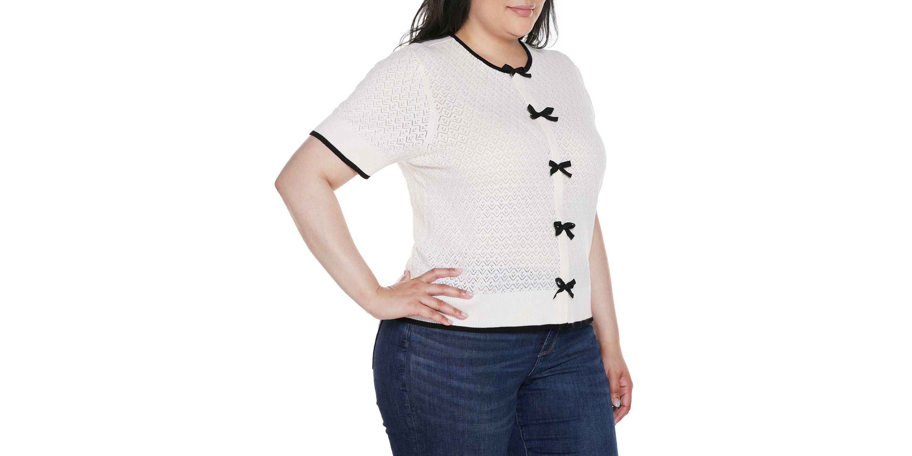 Plus Size Bow Detail Pointelle Short Sleeve Sweater