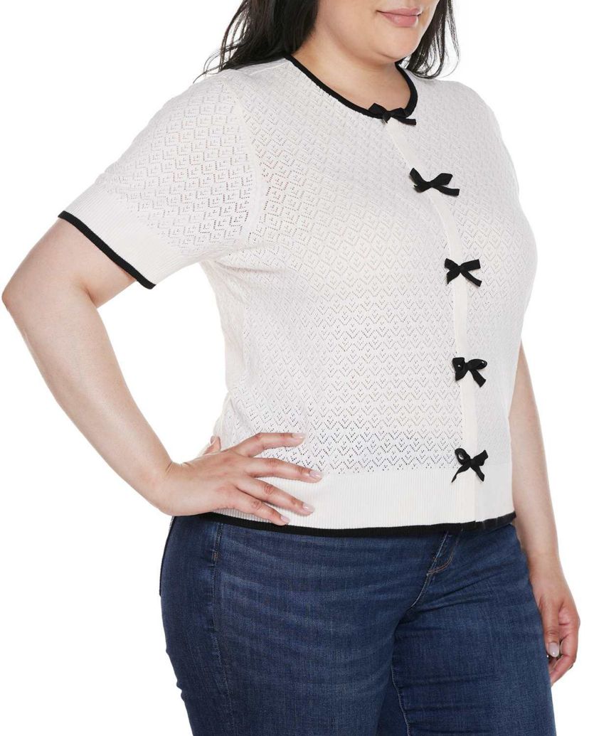 Plus Size Bow Detail Pointelle Short Sleeve Sweater