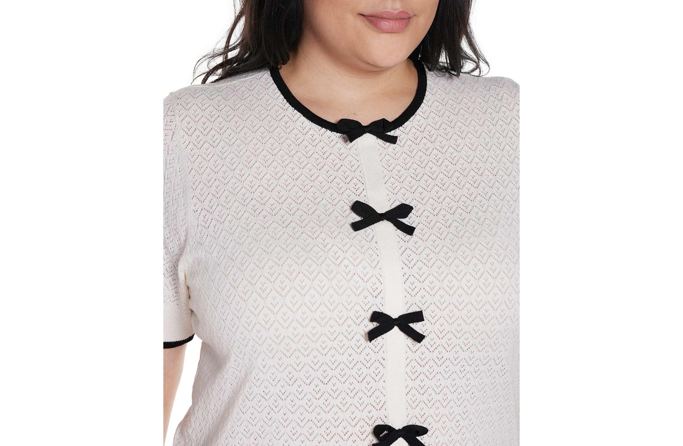 Plus Size Bow Detail Pointelle Short Sleeve Sweater