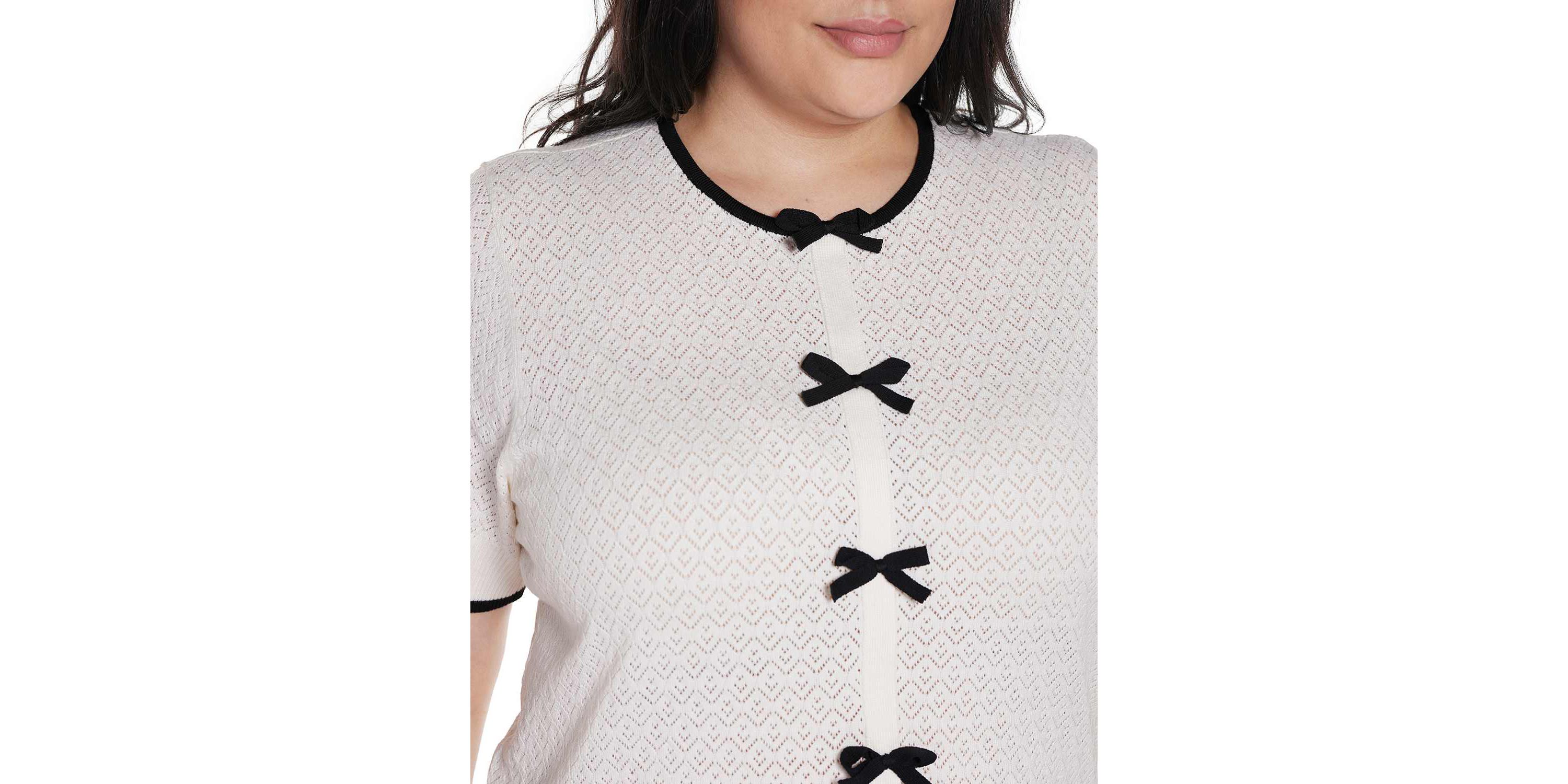 Plus Size Bow Detail Pointelle Short Sleeve Sweater